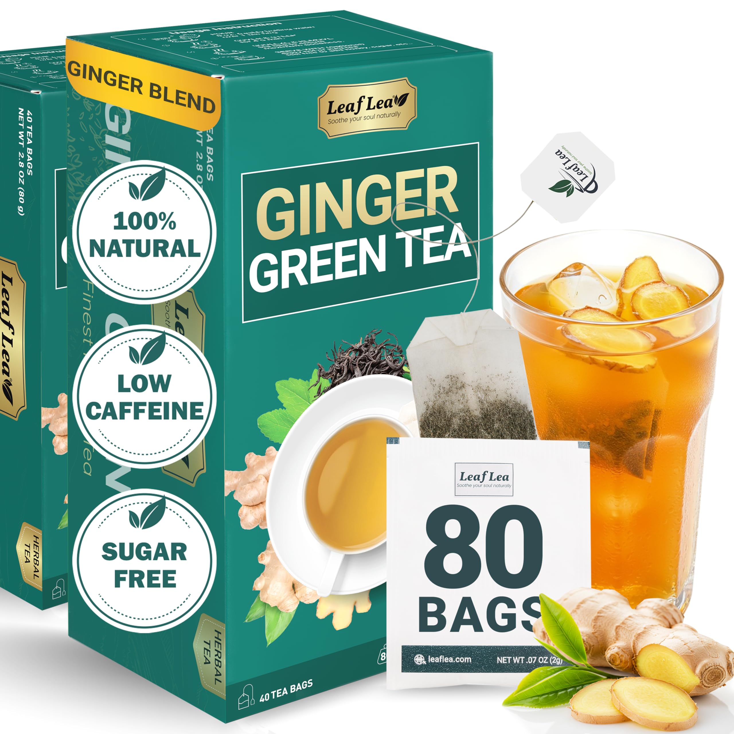 LeafLea Ginger Green Tea bags in a box for convenient on-the-go brewing.
