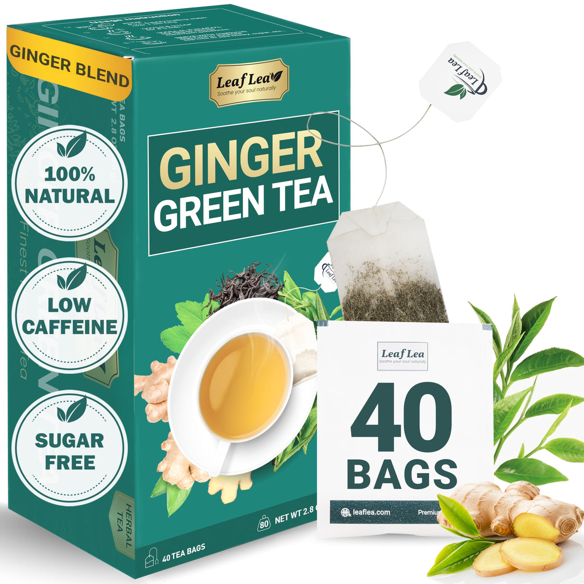 LeafLea Ginger Green Tea bags in individual sachets for warming flavor