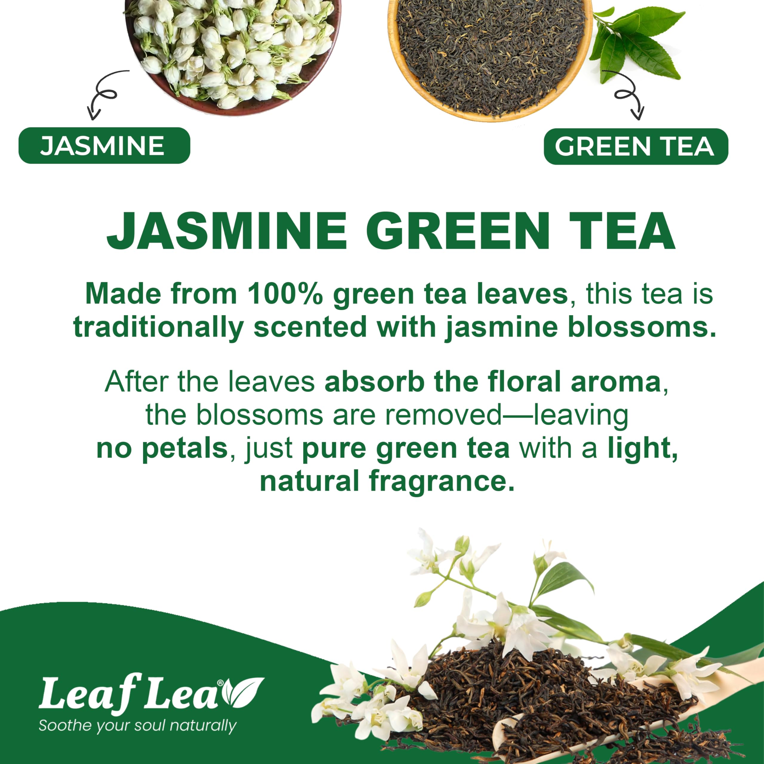 LeafLea green tea leaves after scenting for a clean, delicate flavor