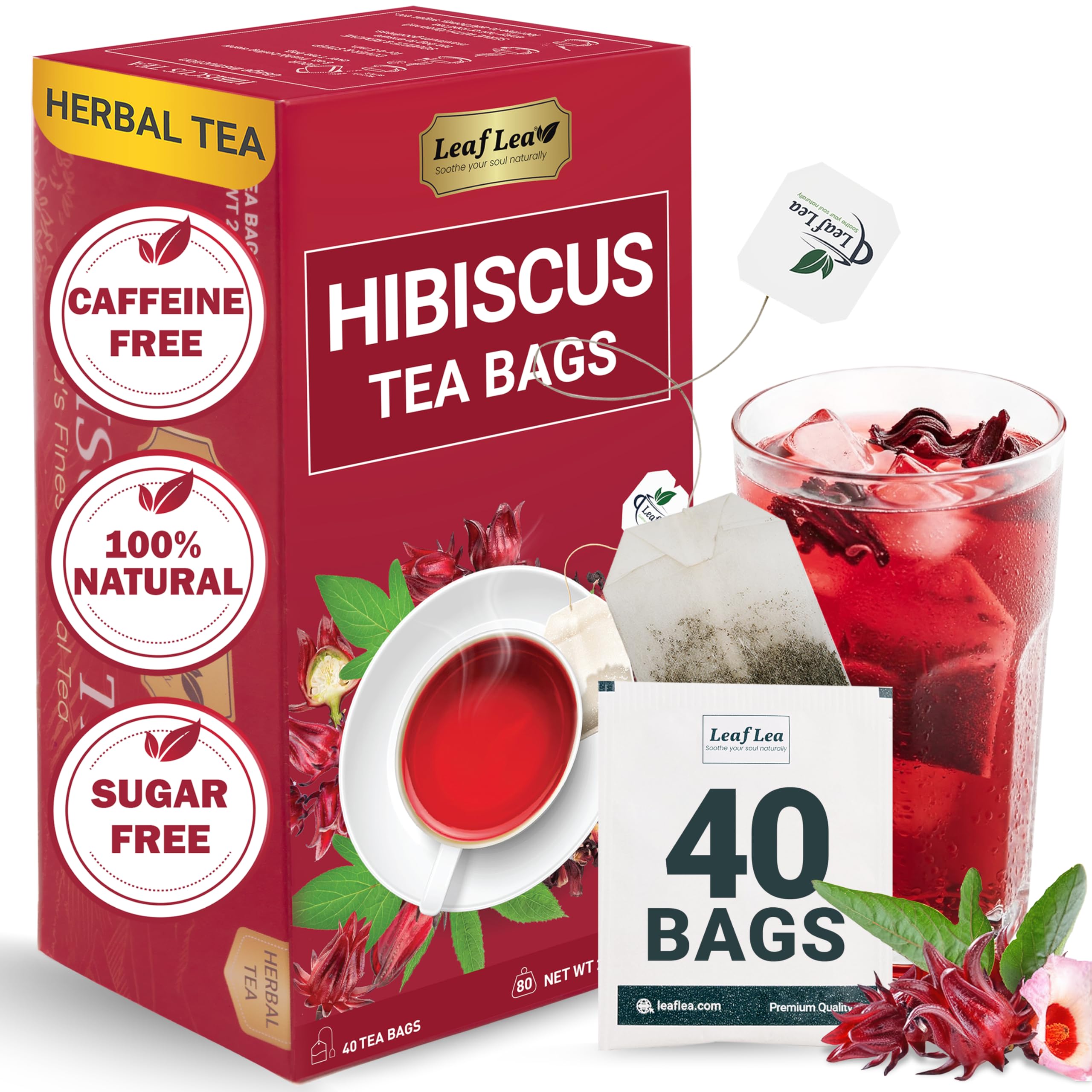 LeafLea hibiscus tea bag in a ceramic cup ready for a caffeine-free refreshment