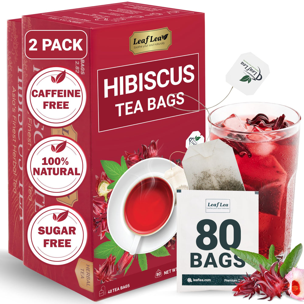 LeafLea hibiscus tea bags 80-count in vibrant crimson infusion for hot or icedBrewing