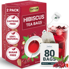 LeafLea hibiscus tea bags 80-count in vibrant crimson infusion for hot or icedBrewing