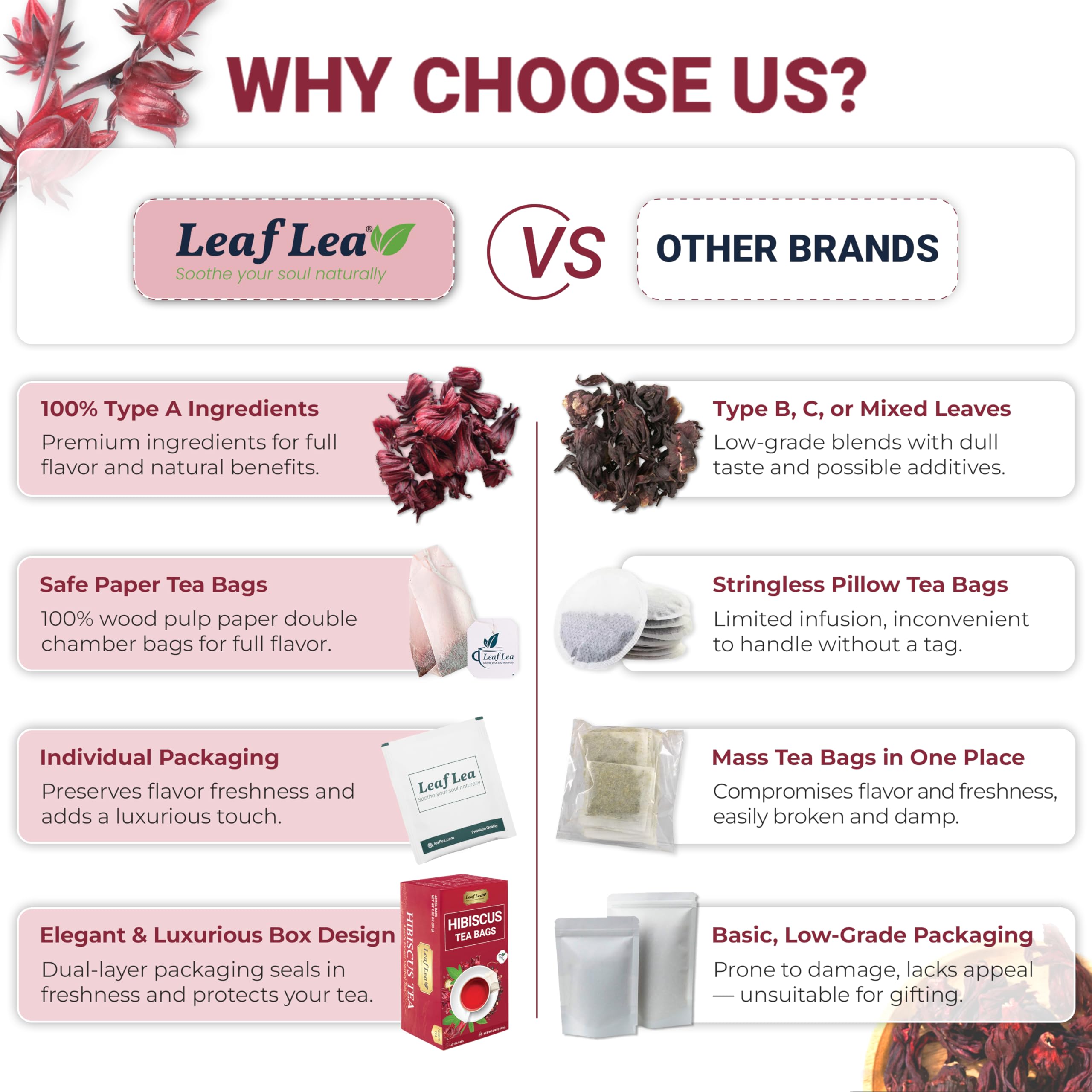 LeafLea hibiscus tea bags prepared hot or iced for refreshment