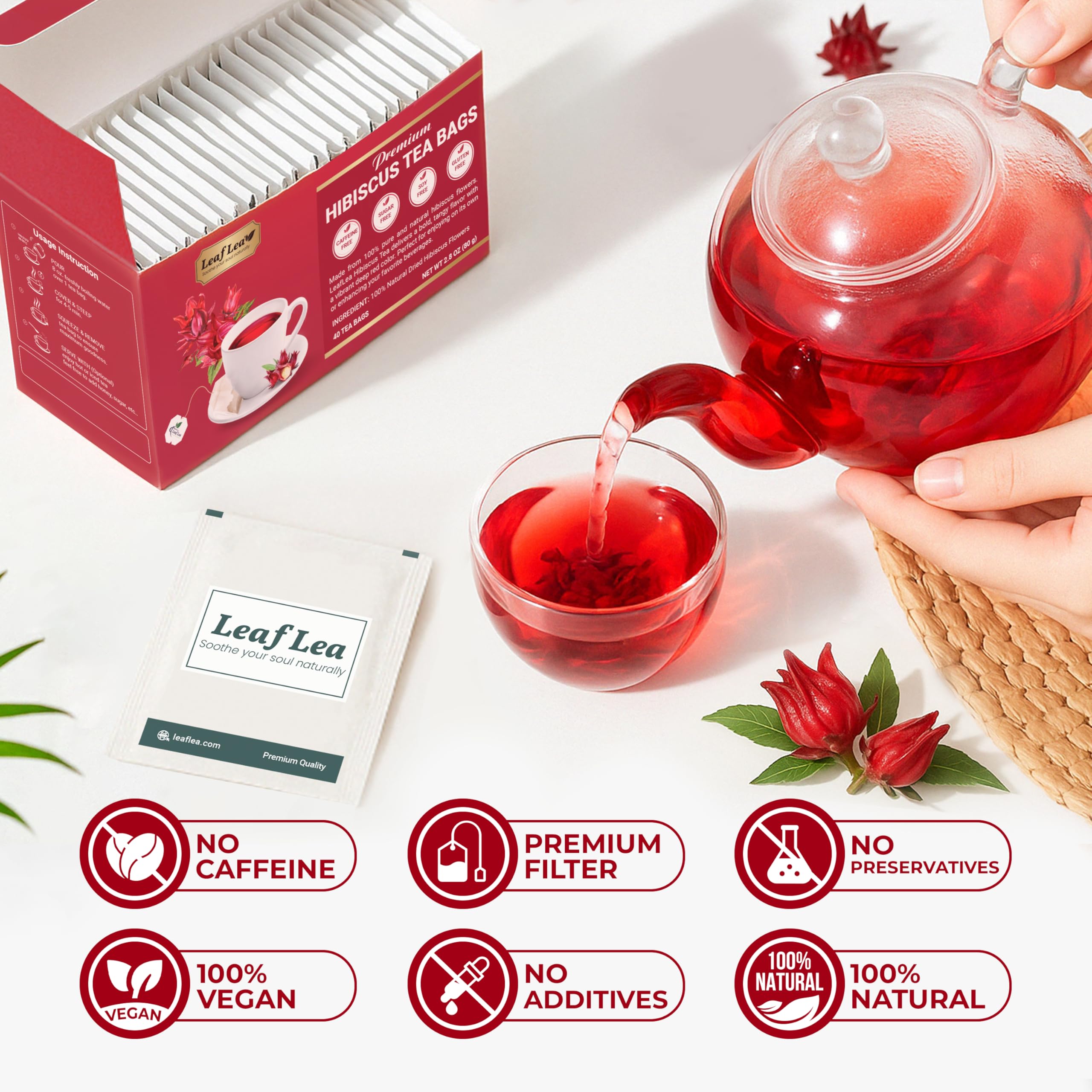 Deep crimson LeafLea hibiscus tea infusion in a cup