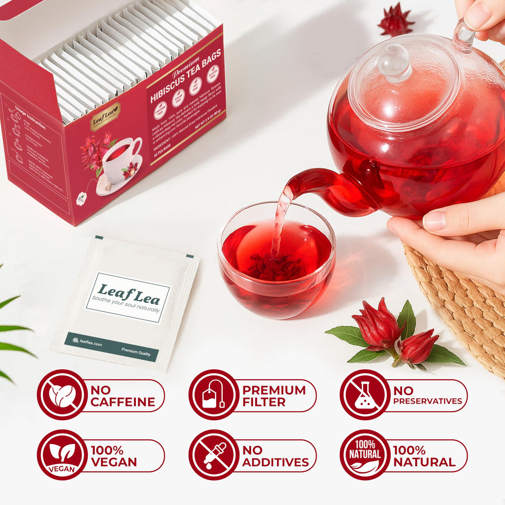 Deep crimson LeafLea hibiscus tea infusion in a cup