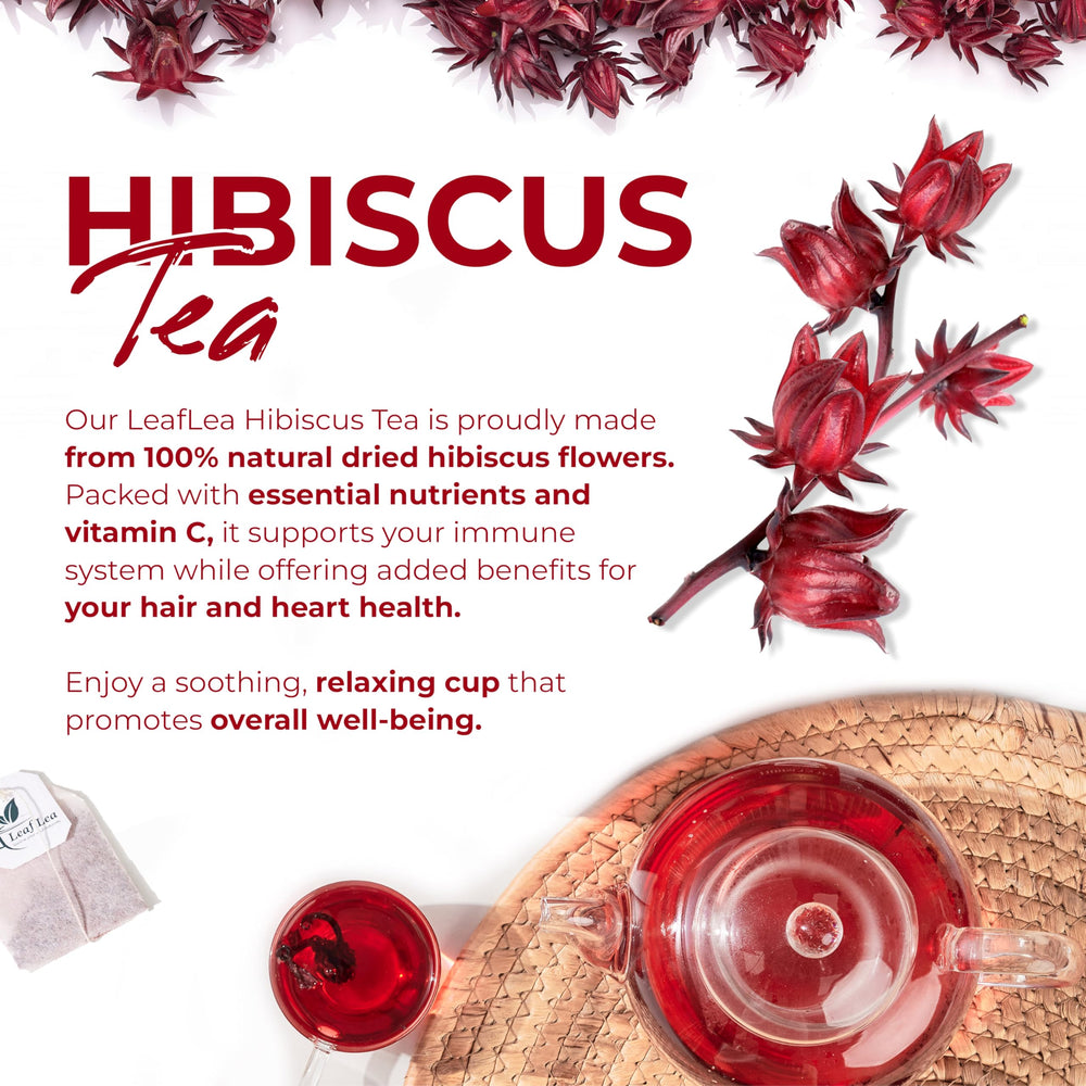 LeafLea hibiscus tea packaging showcasing 100% hibiscus flowers from Vietnam