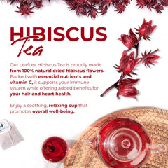 LeafLea hibiscus tea packaging showcasing 100% hibiscus flowers from Vietnam