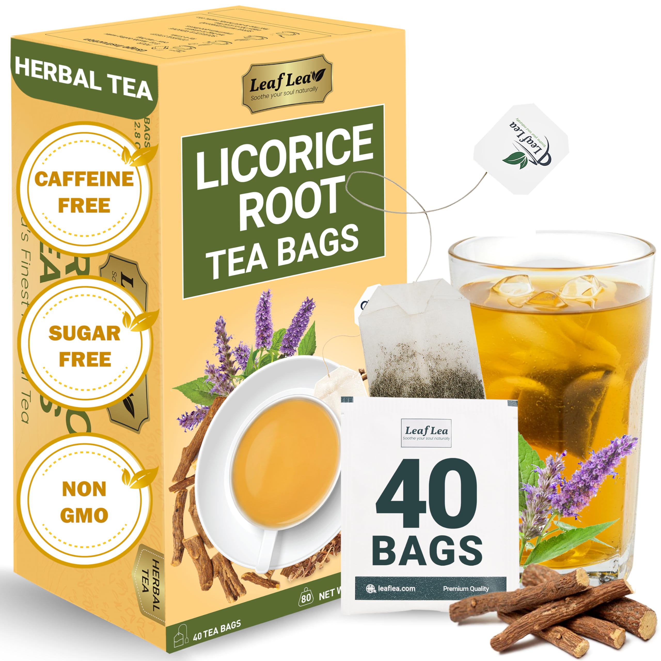 LeafLea licorice root tea bag close-up highlighting pure, caffeine-free flavor.