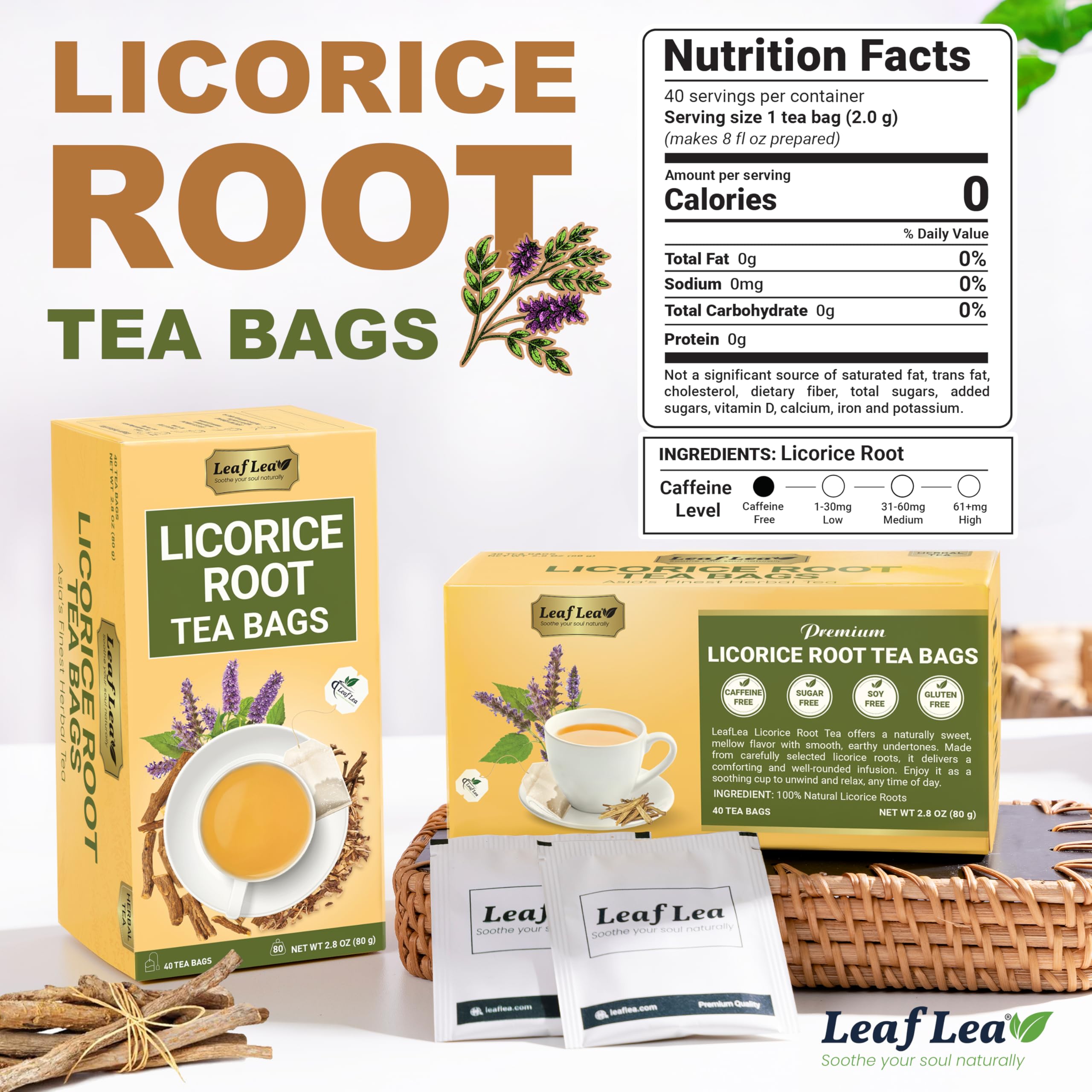 LeafLea licorice root tea box with 40 bags for daily usage.