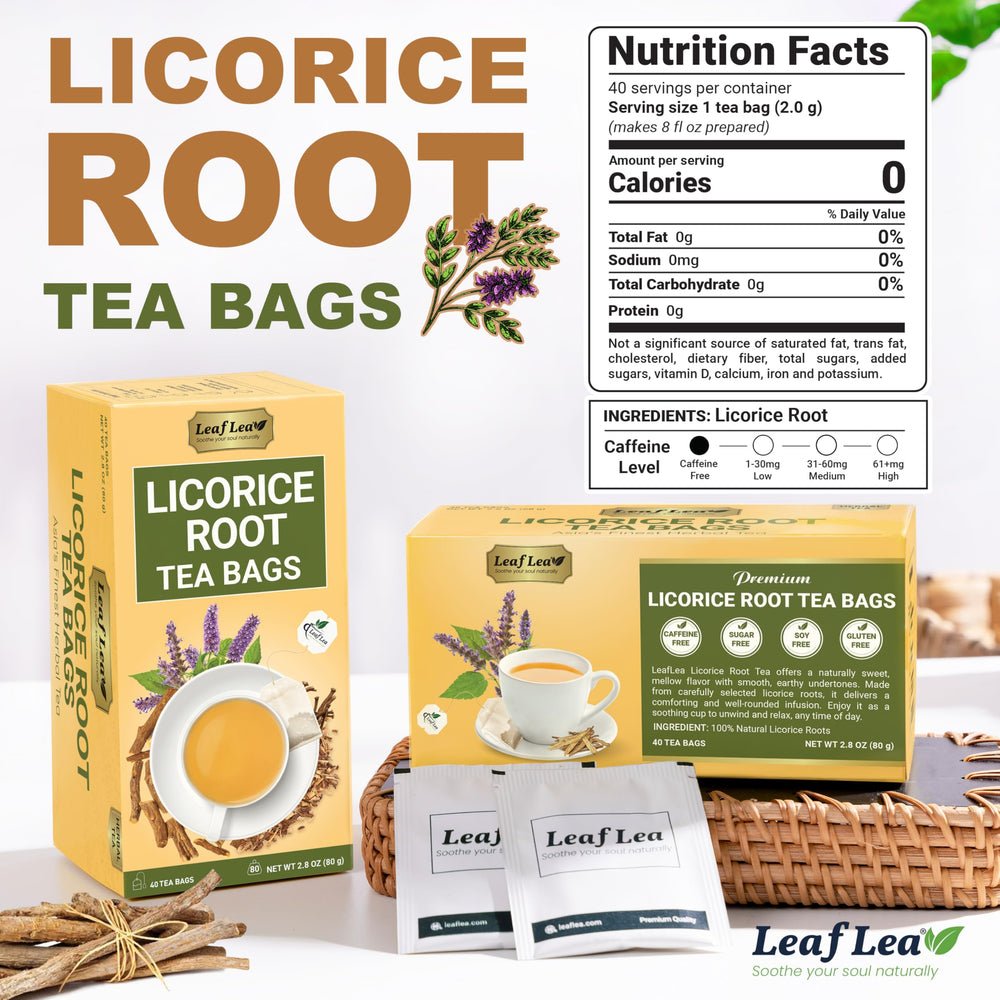 LeafLea licorice root tea box with 40 bags for daily usage.