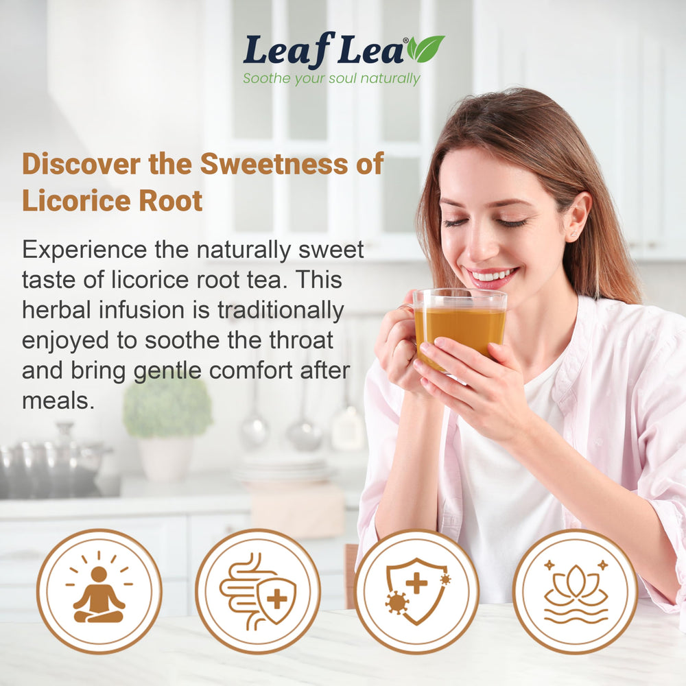 LeafLea licorice root tea setup on kitchen counter for easy, anytime sipping.