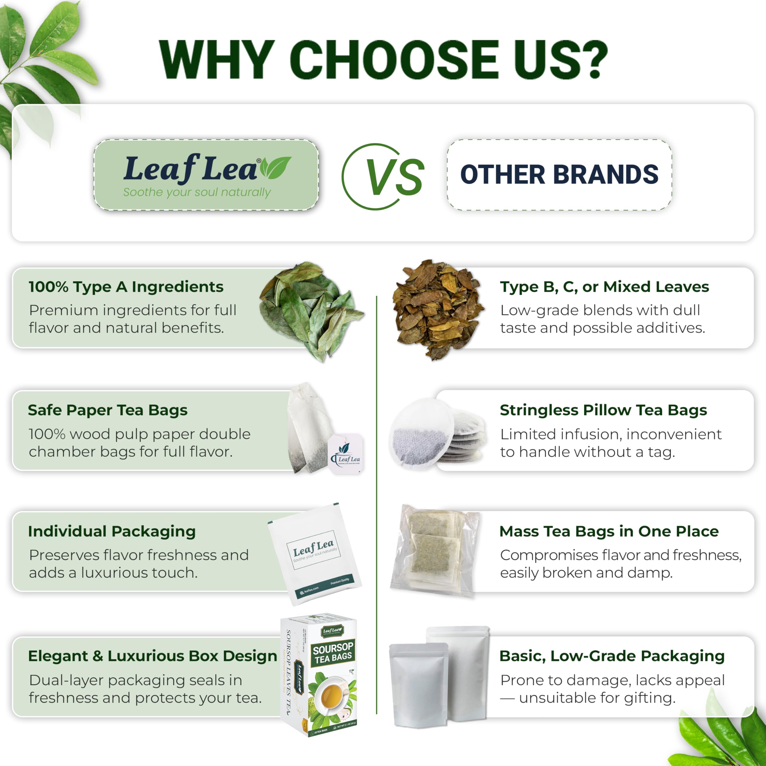 LeafLea Conveniently wrapped tea bags for on-the-go enjoyment.