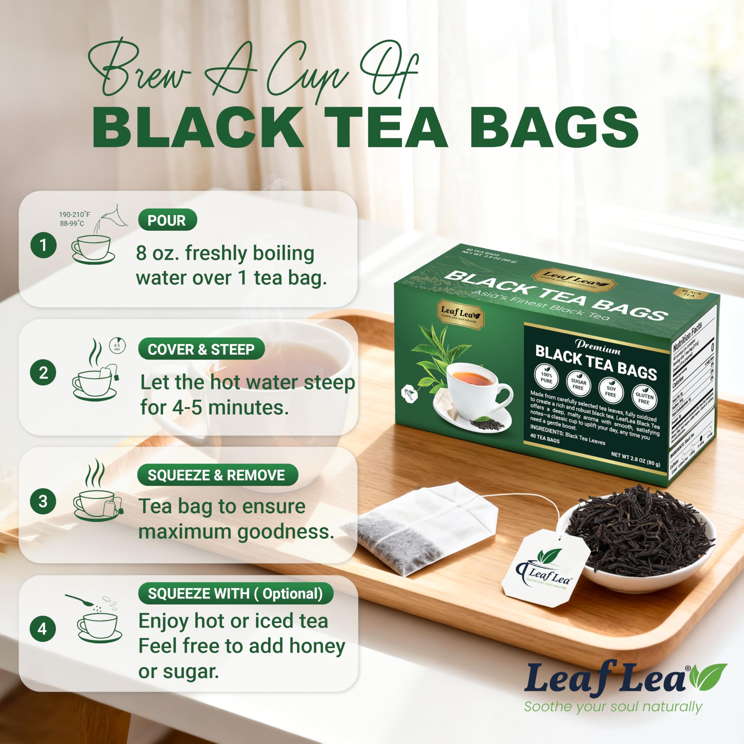 LeafLea sturdy box protects tea bags at home, work, or travel.
