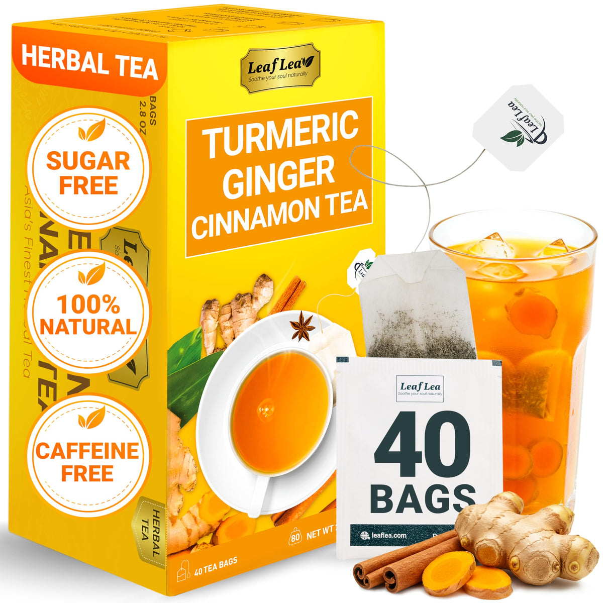 LeafLea turmeric ginger cinnamon tea bags for a fragrant, comforting brew.
