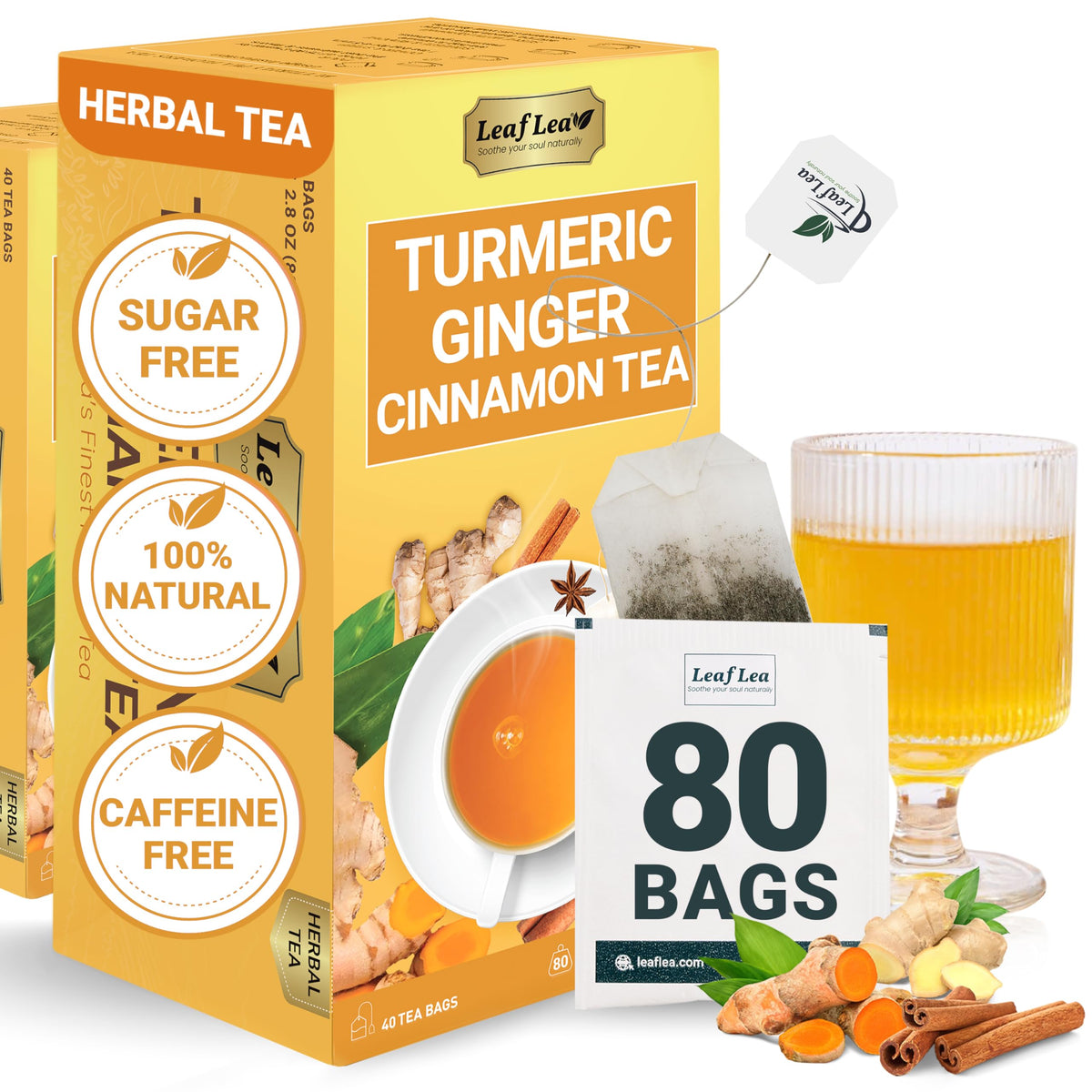 LeafLea turmeric tea bag steeping for a warm, cozy aroma.