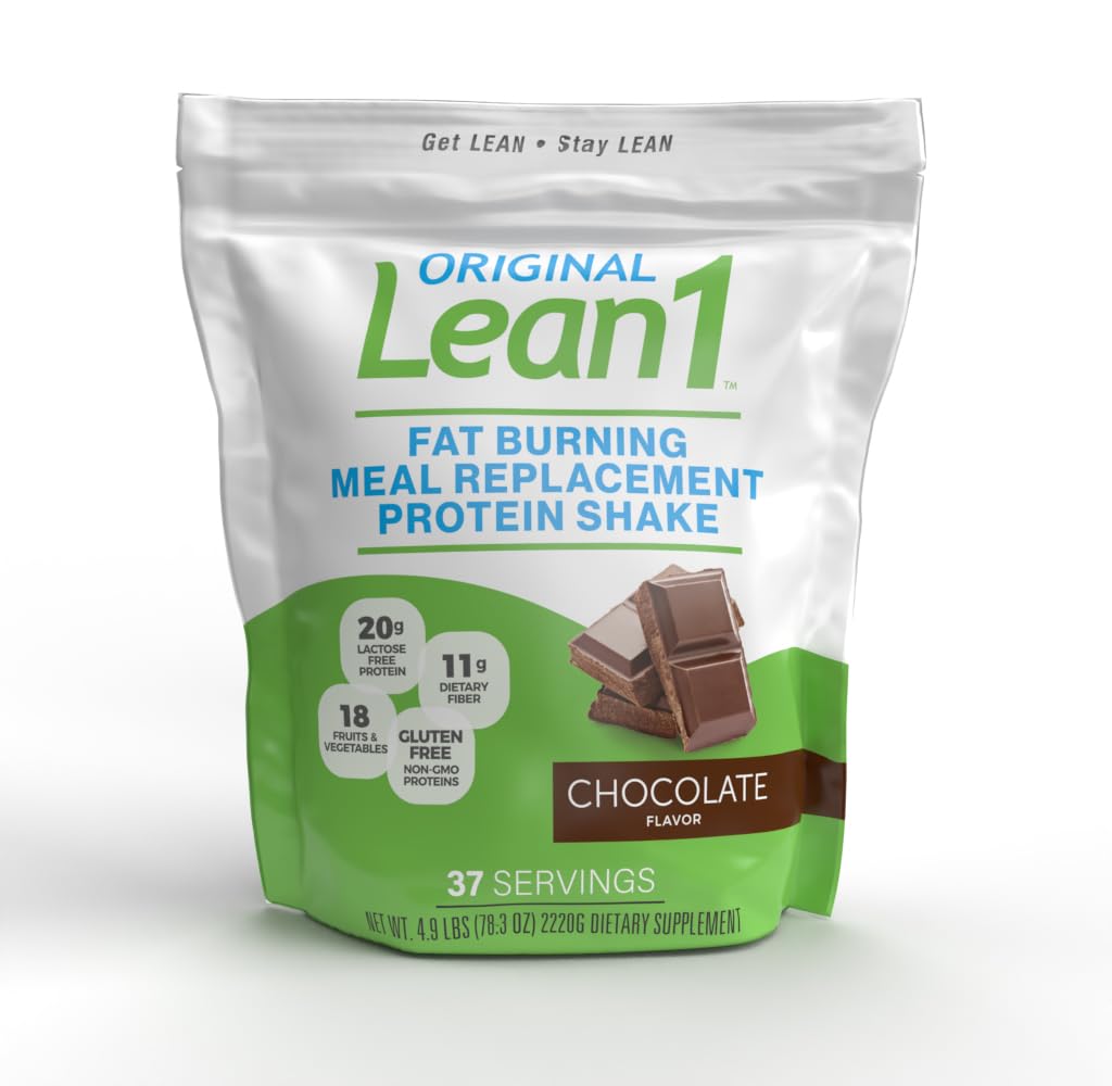 LEAN1 Chocolate bag front with compact meal replacement packaging for on-the-go use.