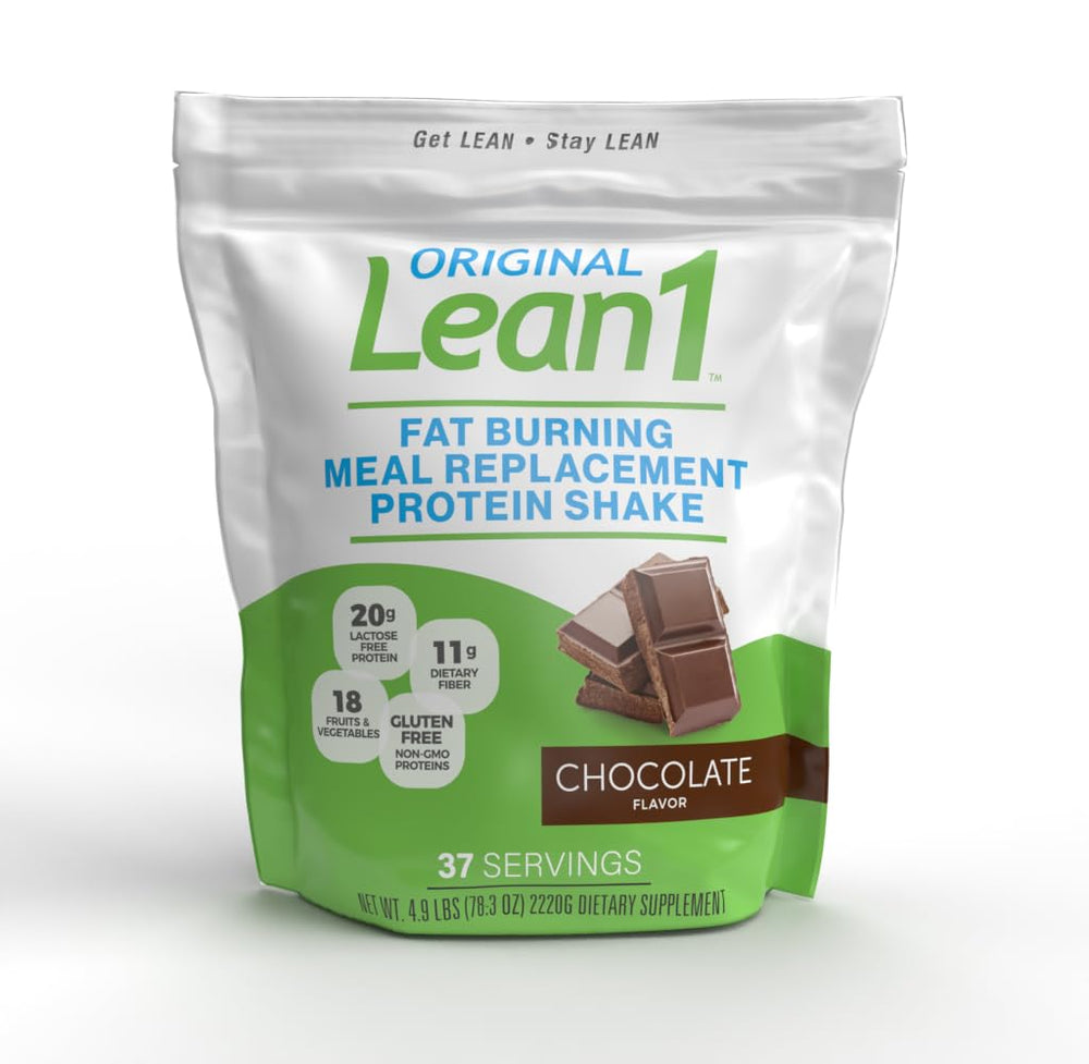 LEAN1 Chocolate bag front with compact meal replacement packaging for on-the-go use.