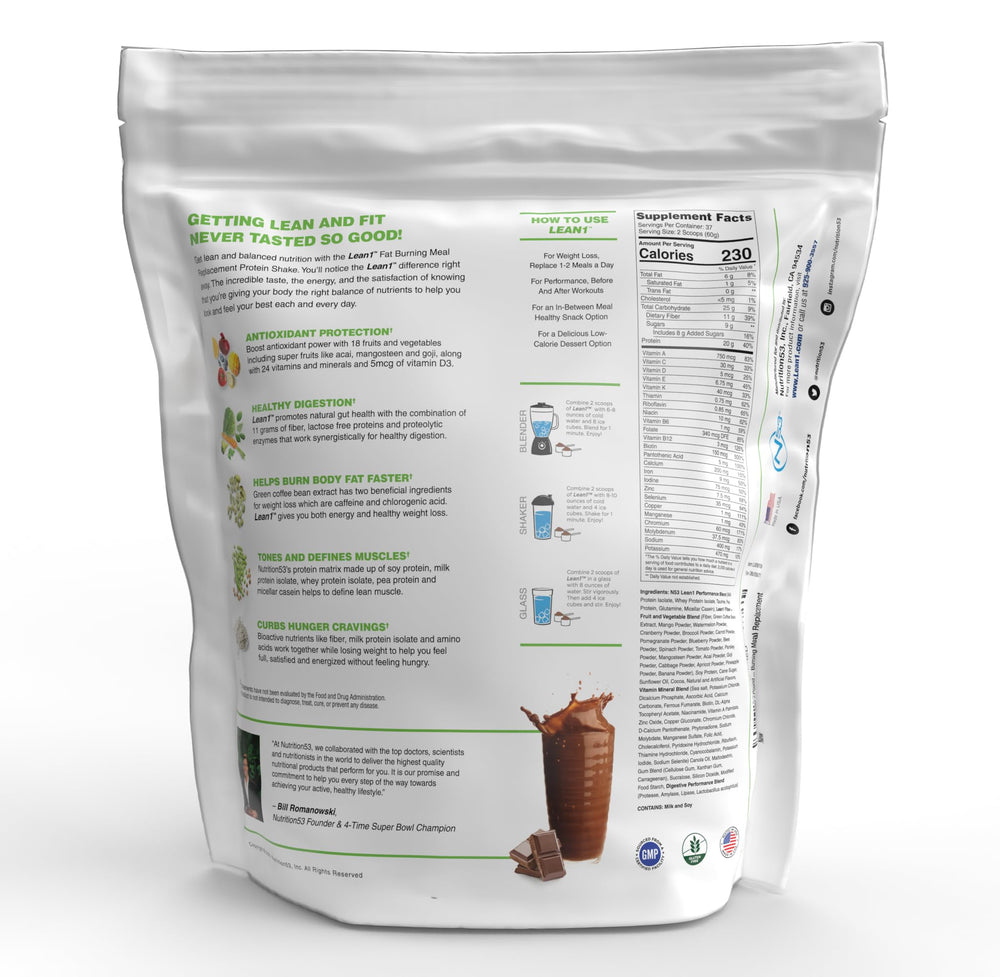 Gluten-free badge on Lean1 packaging highlighting non-GMO protein.