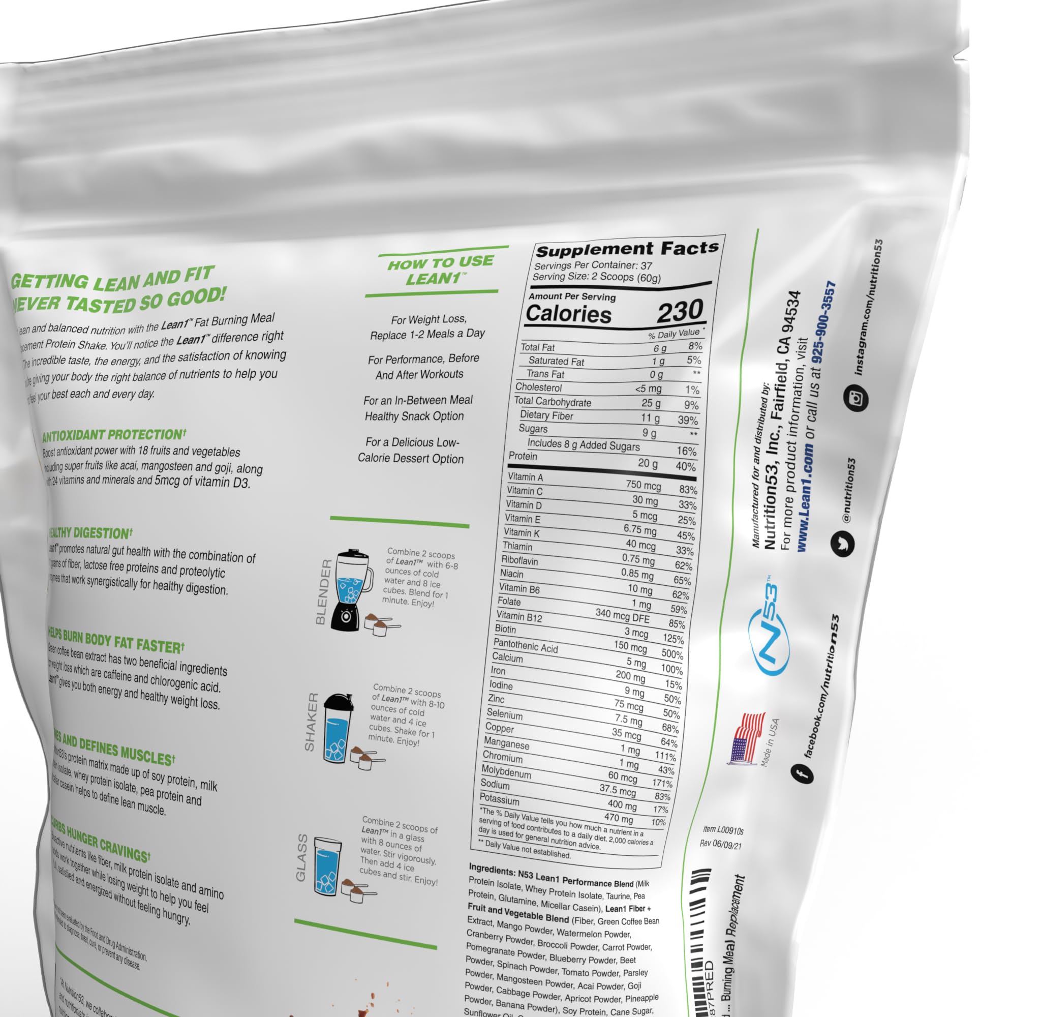 LEAN1 Chocolate nutrition panel emphasizing fiber and vitamin content.