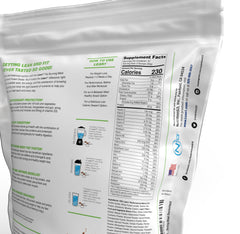 LEAN1 Chocolate nutrition panel emphasizing fiber and vitamin content.