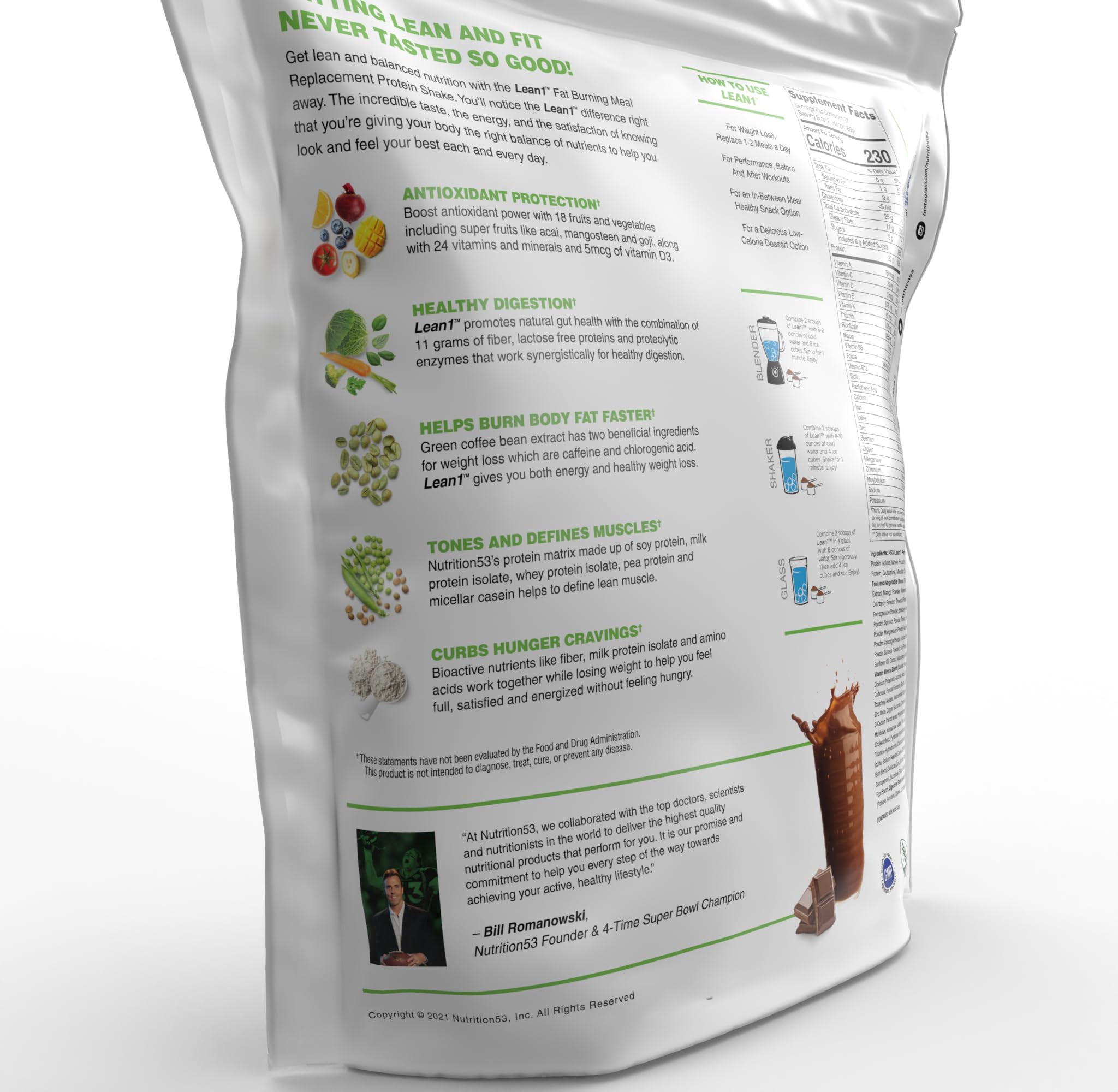 LEAN1 scoop beside shake highlighting 20 g lactose-free protein per serving.