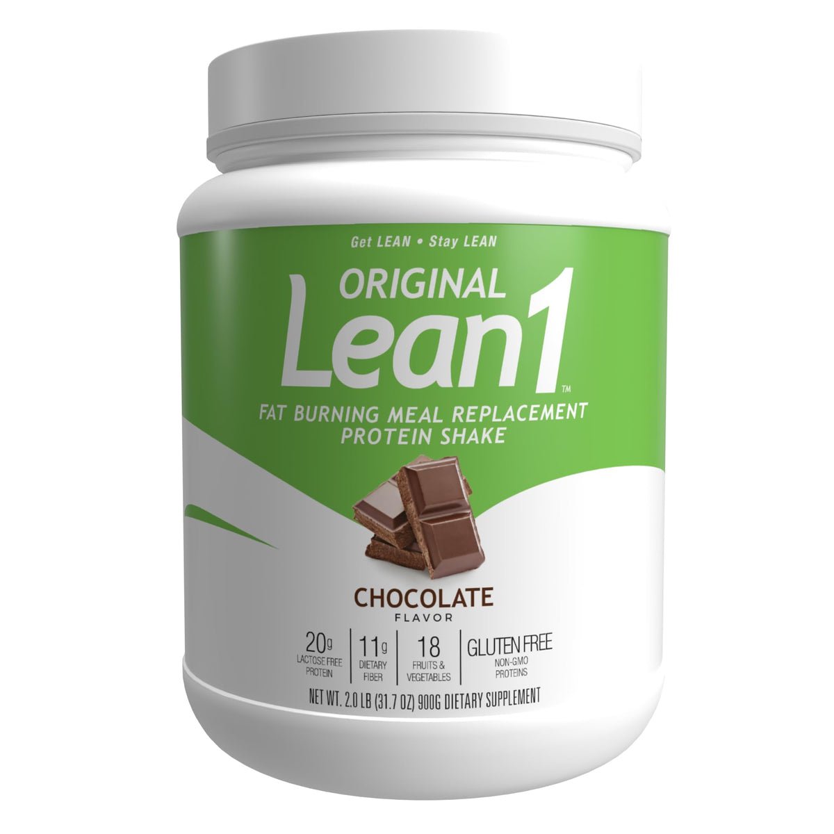 LEAN1 meal replacement chocolate tub shown, ideal for a quick, nutritious meal