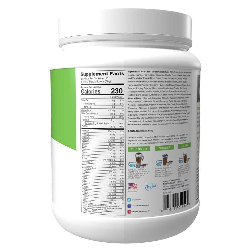 LEAN1 prepared chocolate shake in a glass, ready for on-the-go meals