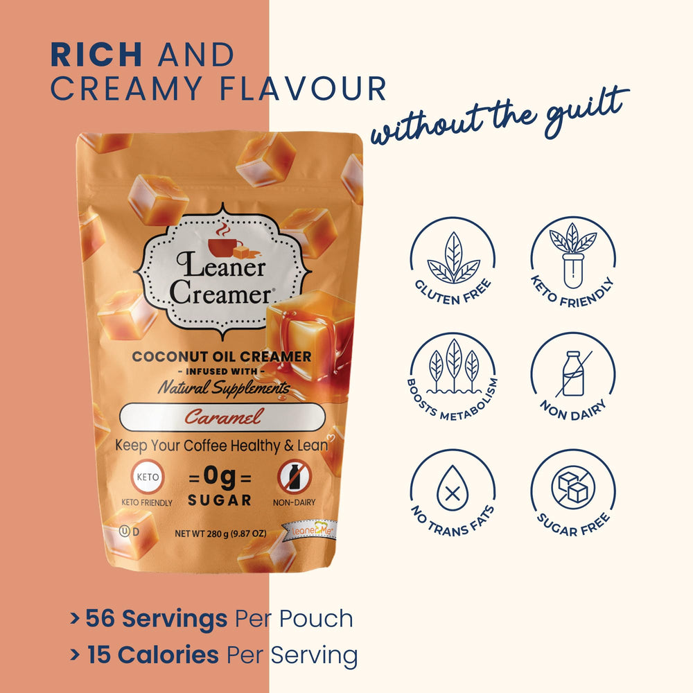 Leaner Creamer caramel coffee cup with a rich, creamy aroma.
