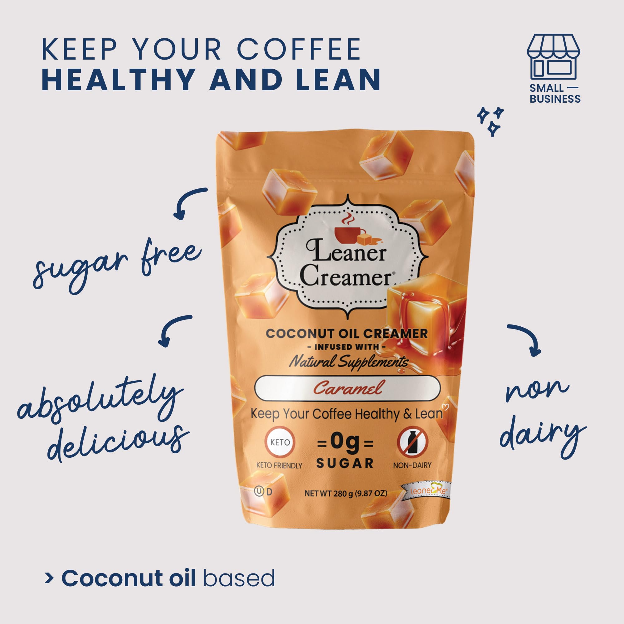 Leaner Creamer coconut creamer bag label emphasizes lactose-free, sugar-free recipe.