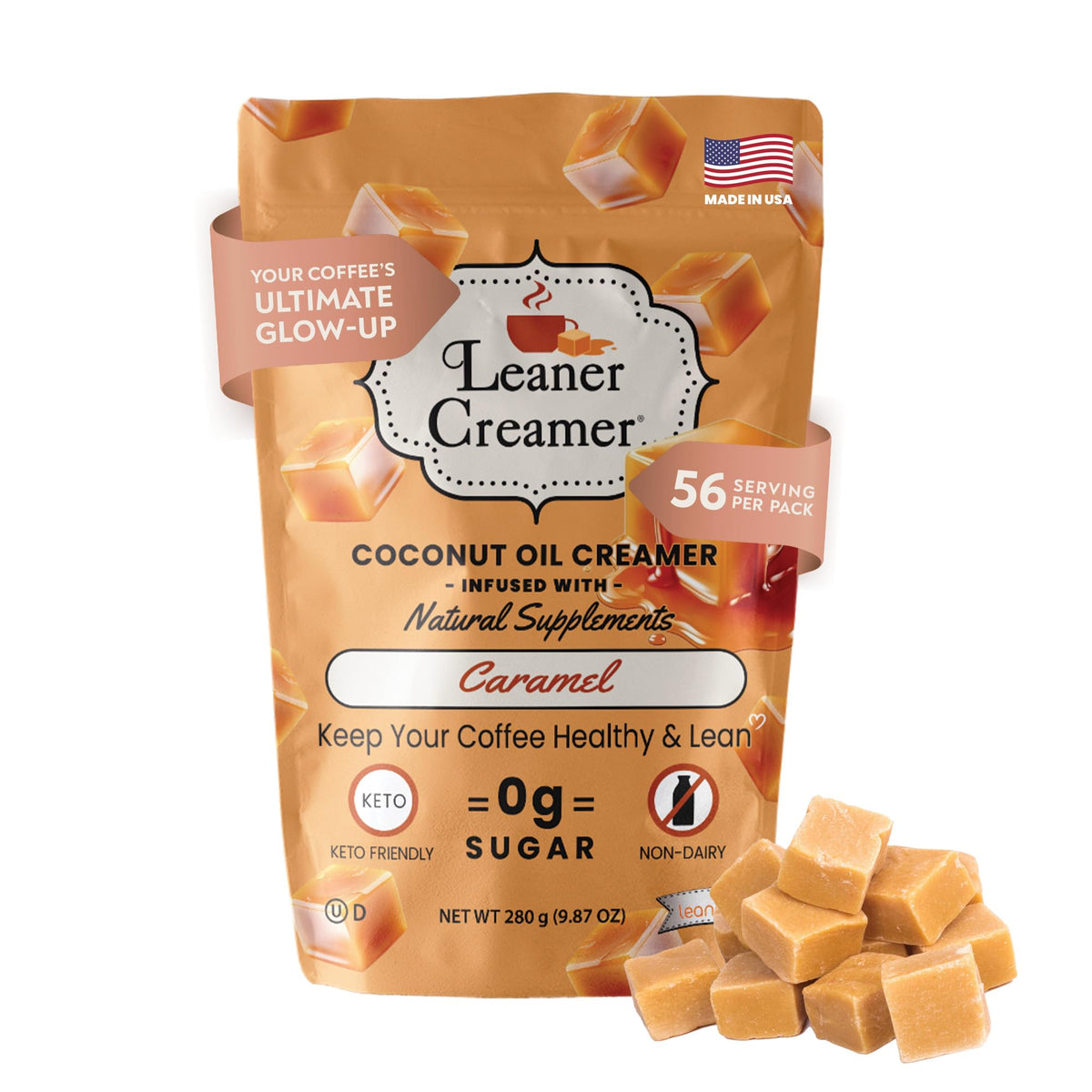 Leaner Creamer coconut creamer container highlighting keto-friendly, gluten-free ingredients for daily coffee.