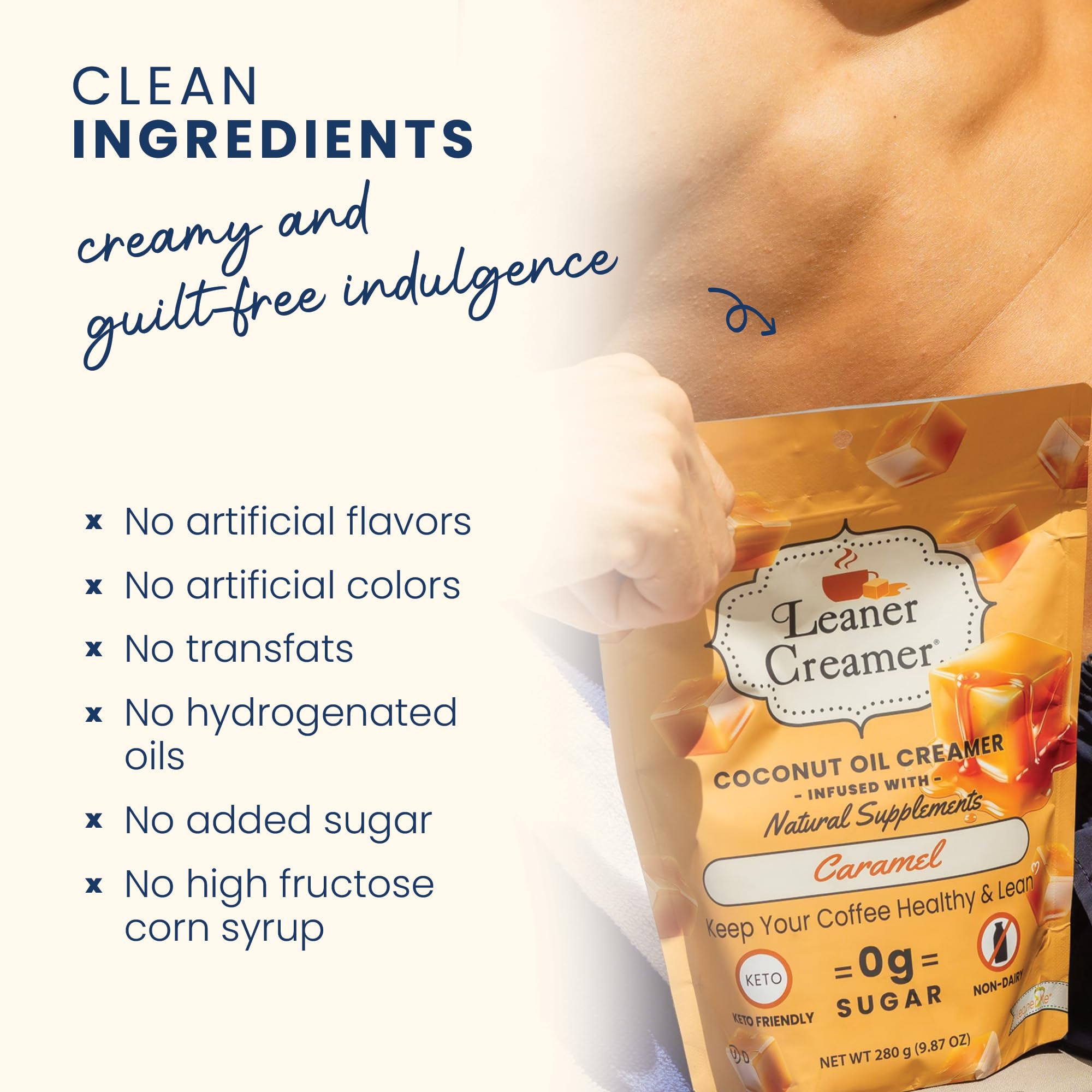 Leaner Creamer coffee cup with creamer demonstrates versatile use in tea or smoothies.