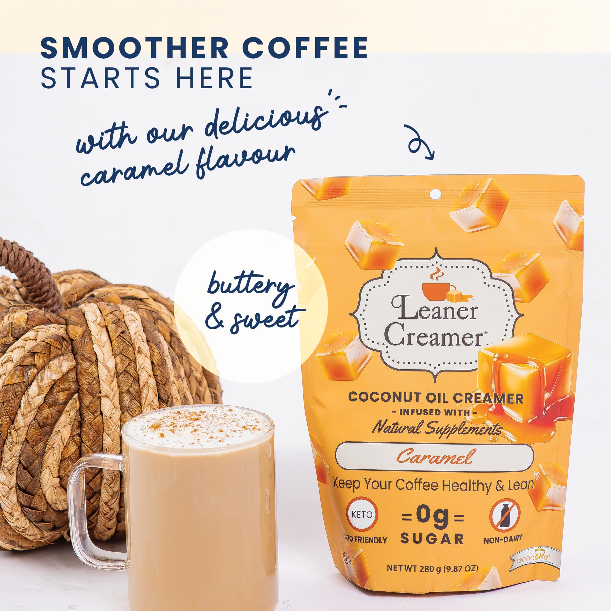 Leaner Creamer glass jar with spoon ready-to-mix powder for keto-friendly mornings.