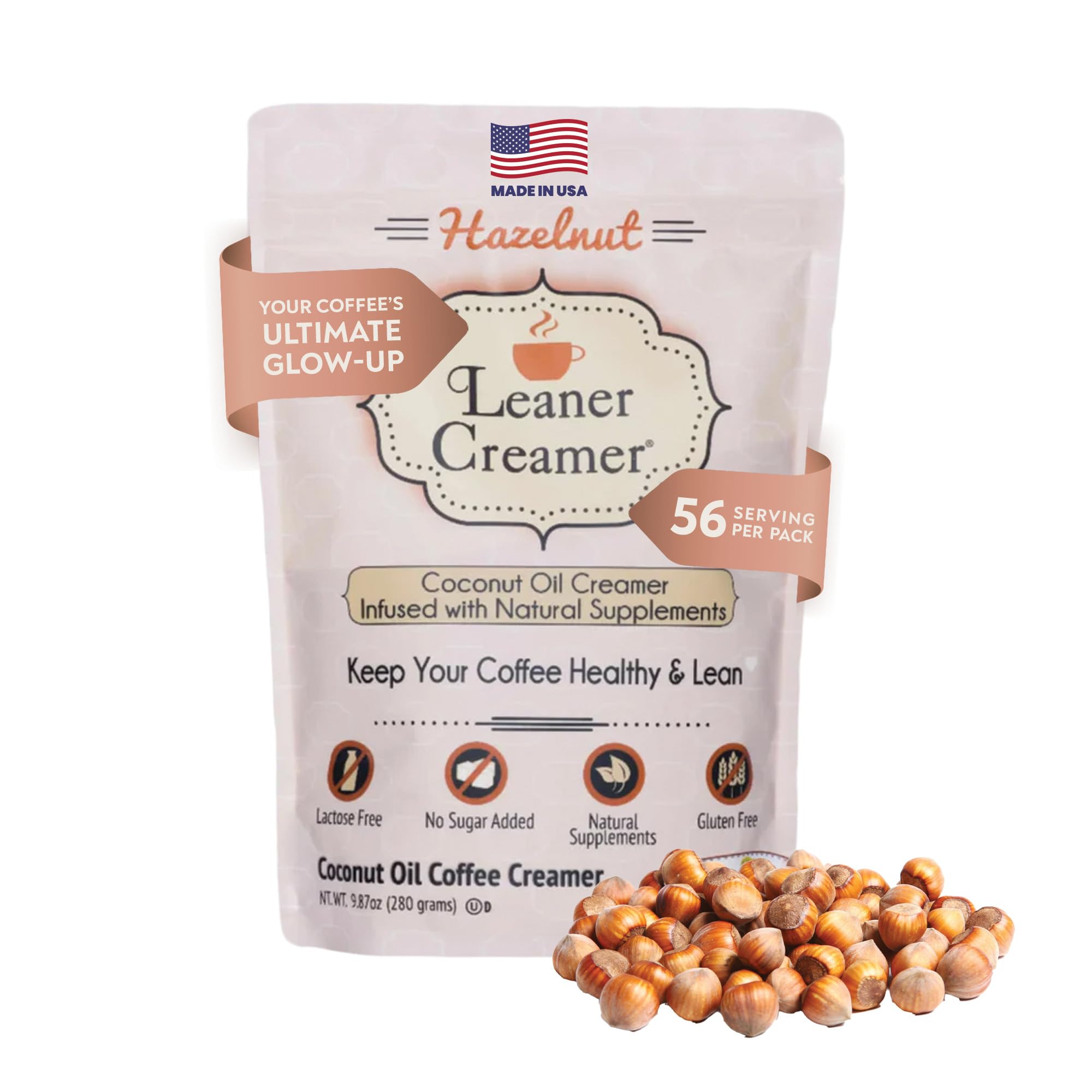 Leaner Creamer hazelnut powder container enhances coffee with dairy-free creaminess.