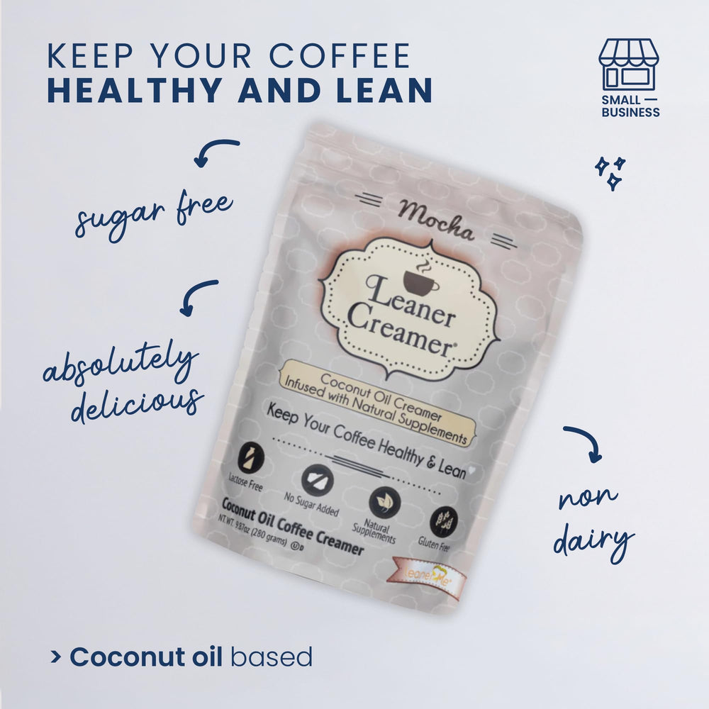 Leaner Creamer sugar-free creamer tub supports rich flavor without sugar.