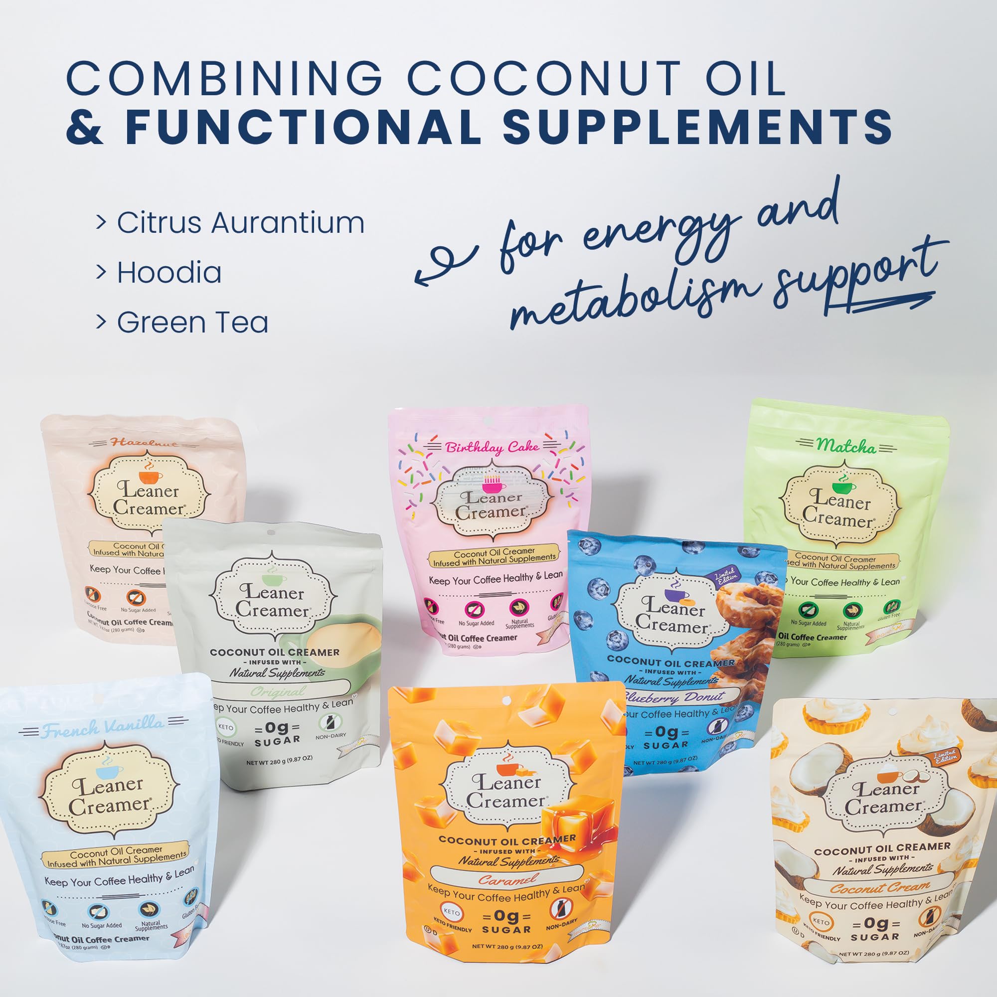 Leaner Creamer superfood ingredients bottle signals nutritious, dairy-free coffee enhancement.