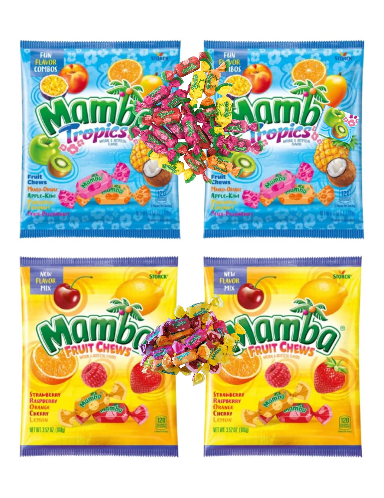 Leathnu Foundry Mambaa Fruit Chews bags, bright colors for on-the-go snacking.