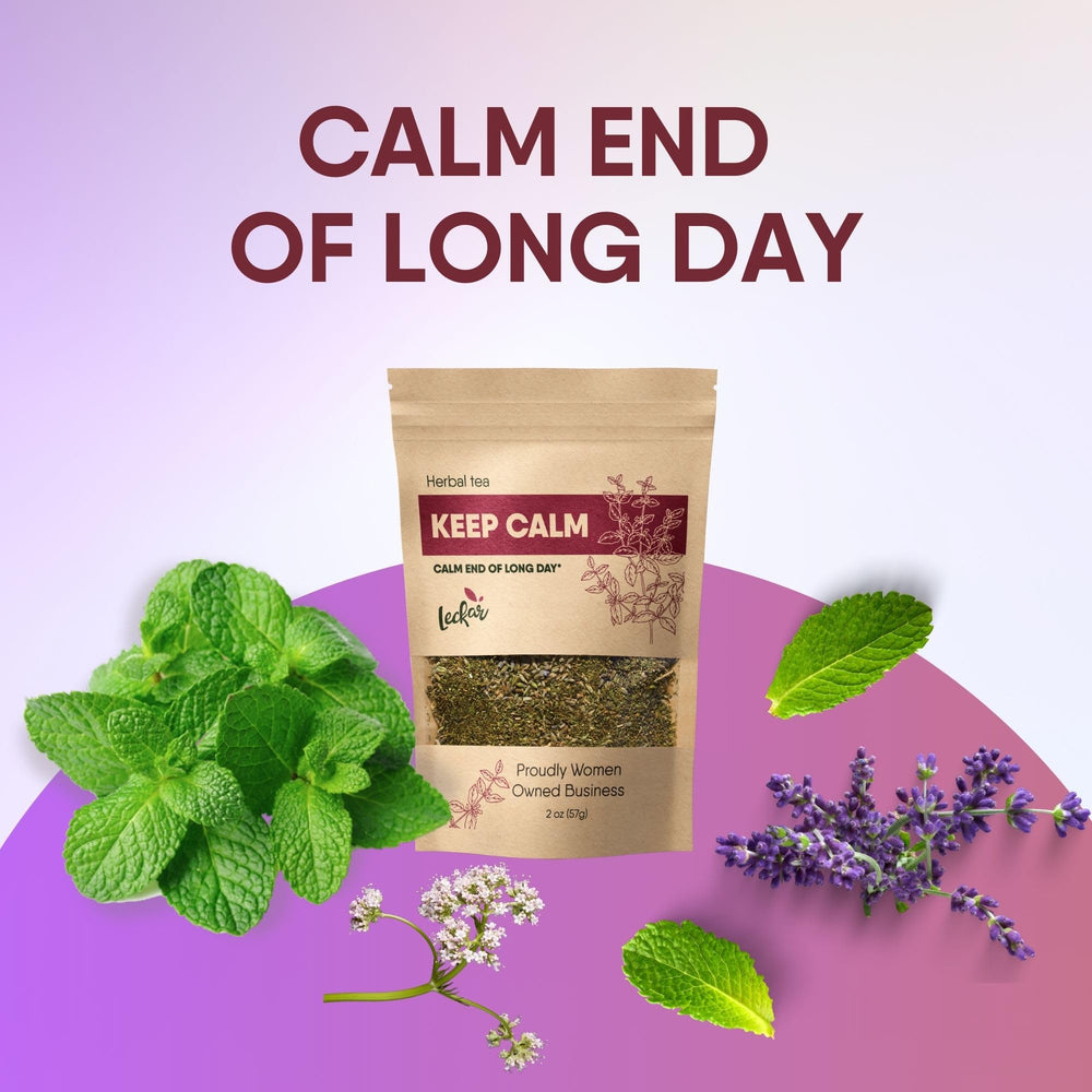 Leckar Keep Calm shelf display highlighting the caffeine-free herbal blend