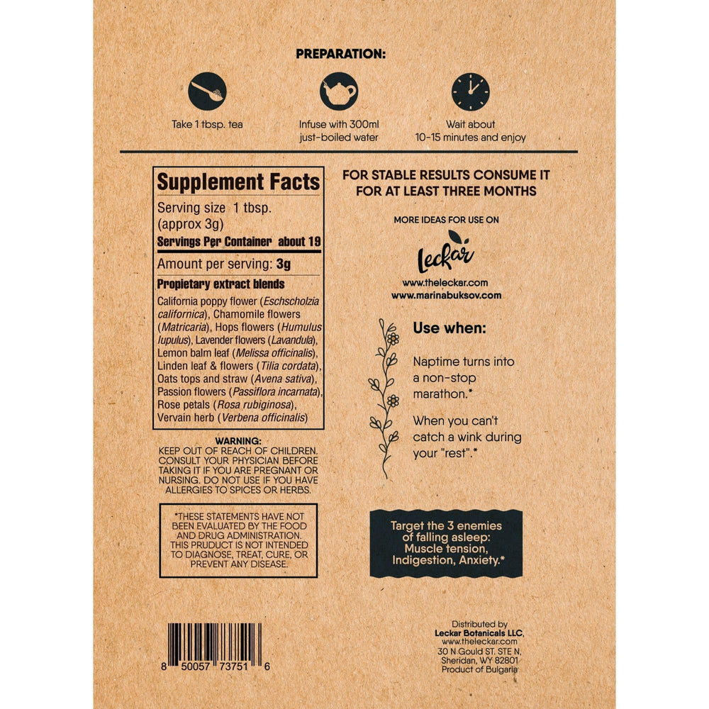 Leckar Sleep Aid Herbal Tea lavender focus supports gentle relaxation.