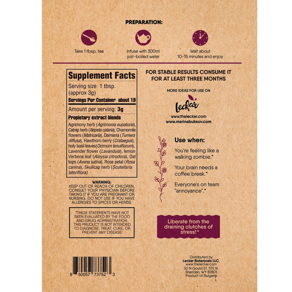 Leckar Stress-Relief Tea on a desk promotes focus after a hectic day.