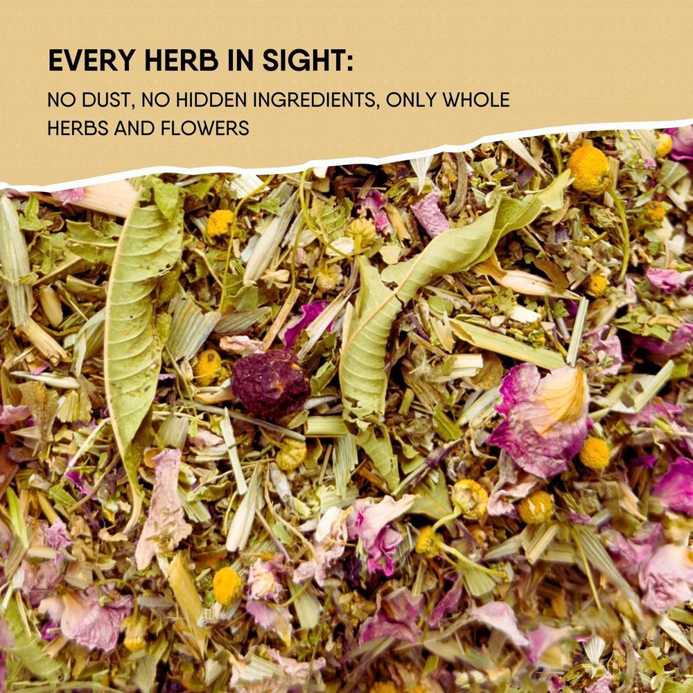 Leckar Stress-Relief Tea leaves close-up highlight the herbal blend for mood support.