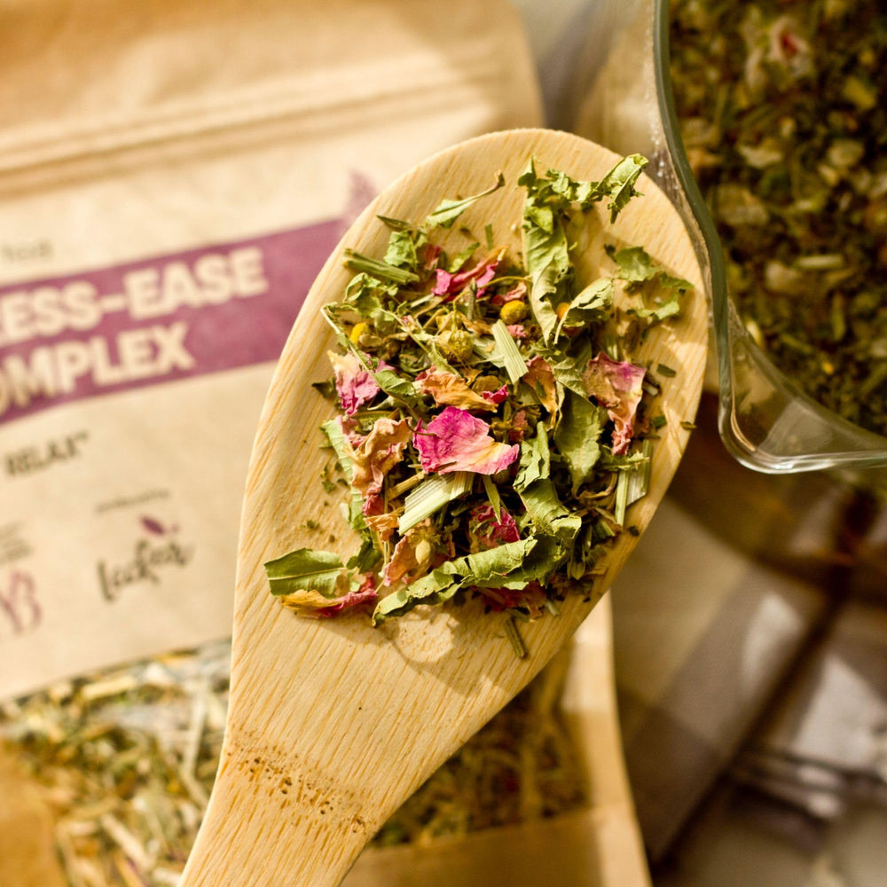 Leckar Stress-Relief Tea steeping scene suggests gentle relaxation.