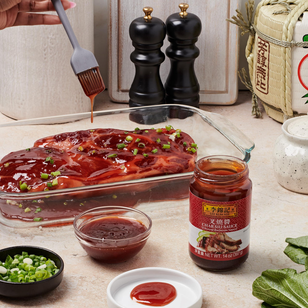 Lee Kum Kee Char Siu Sauce close-up shows rich glaze and color.