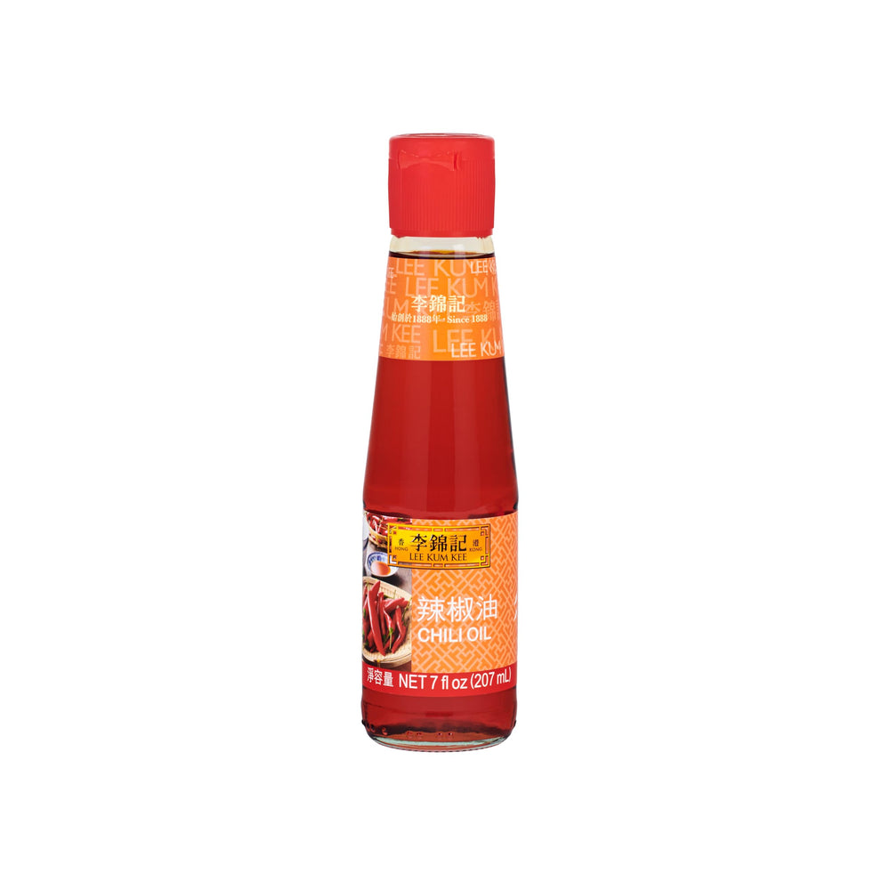 Lee Kum Kee Chili Oil bottle close-up shows bold red color and fragrant heat for stir-fries.