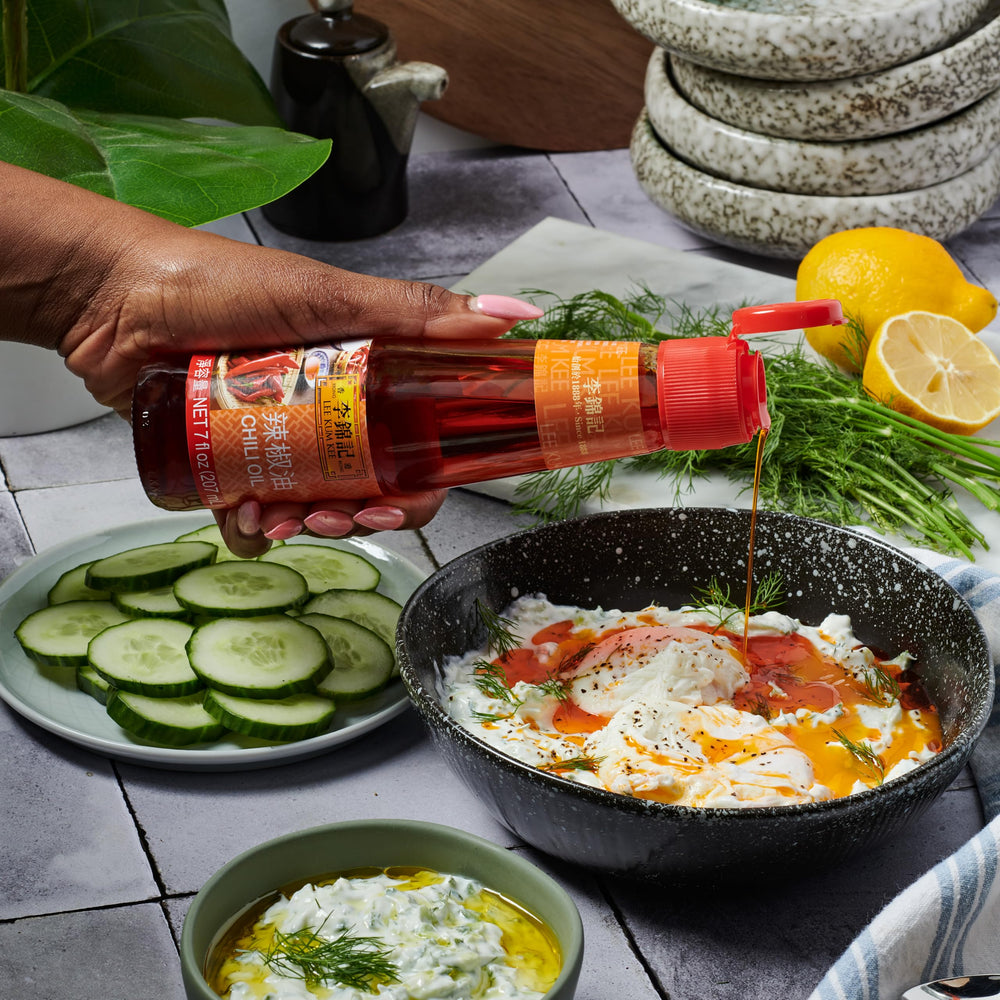 Lee Kum Kee Chili Oil on a dipping plate invites bold heat and flavor.