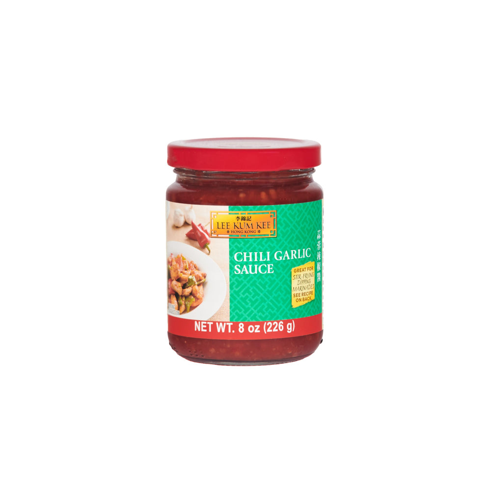 Lee Kum Kee chili garlic sauce bottle close-up highlighting bold flavor.