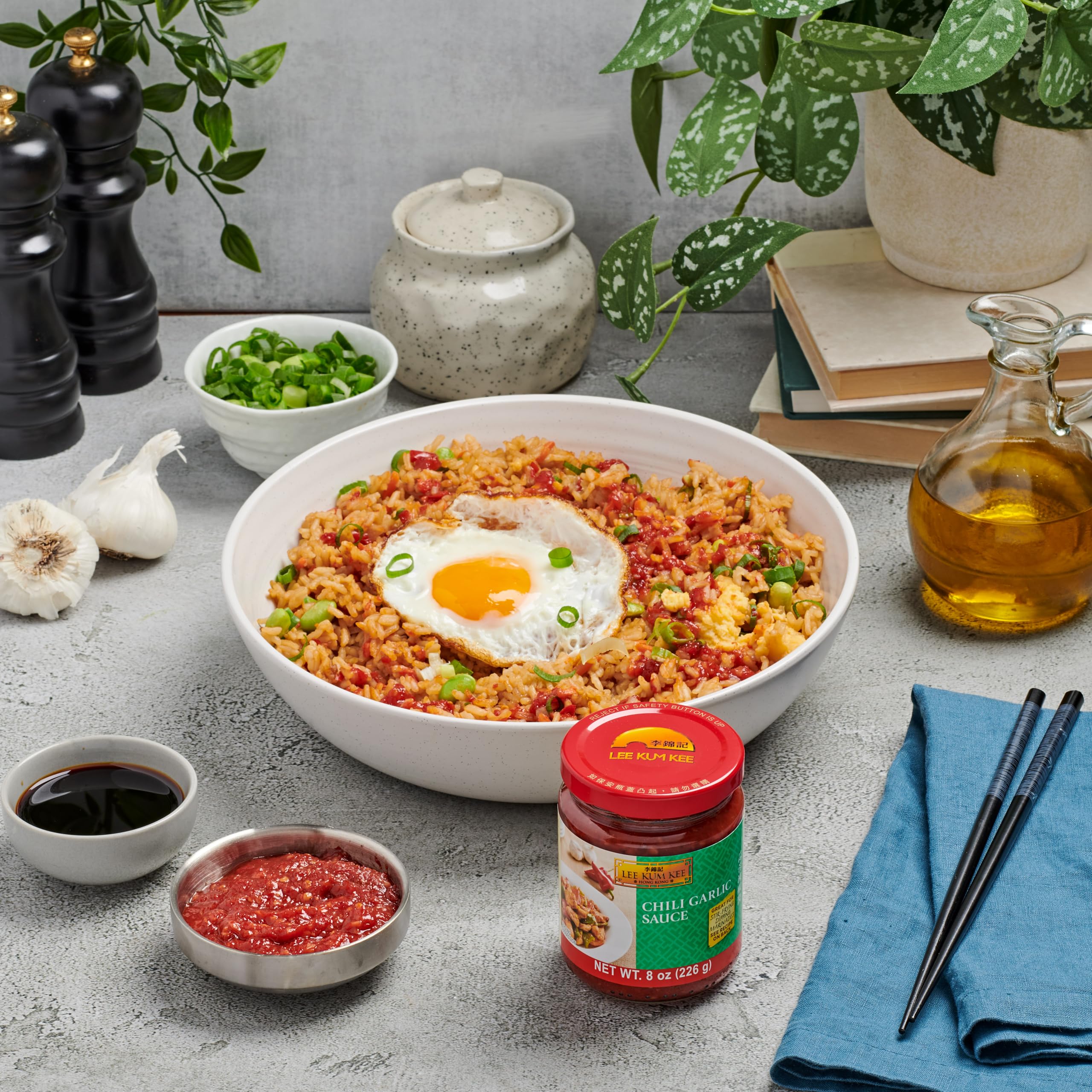 Product jar label of Lee Kum Kee chili garlic sauce emphasizes authentic taste.