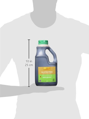 Label closeup of Lee Kum Kee gluten-free soy sauce highlighting ingredients
