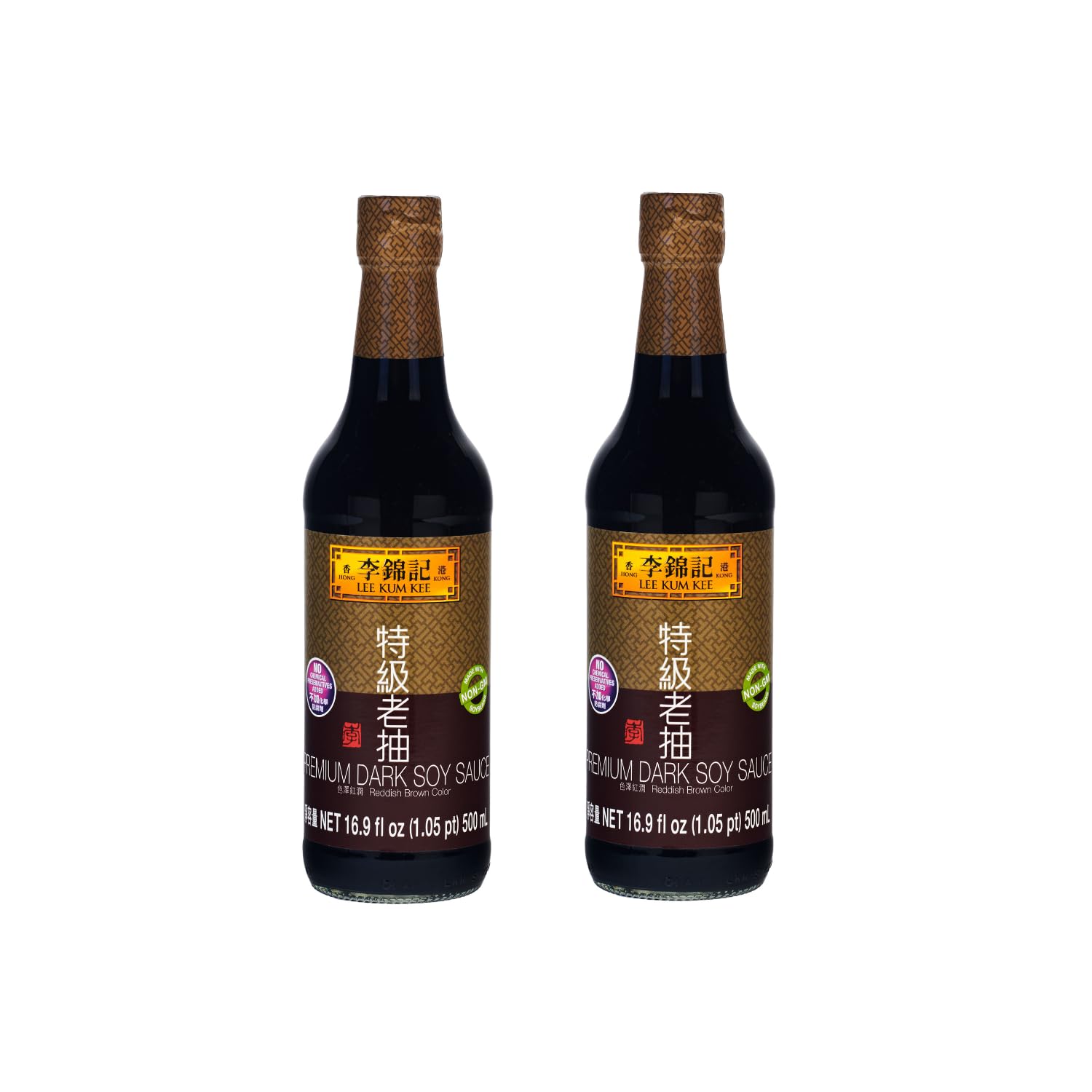 Lee Kum Kee Premium Dark Soy Sauce bottle adds rich color to stews and noodles.
