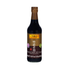 Lee Kum Kee Premium Dark Soy Sauce bottle shows rich color for enhanced stir-fries and marinades