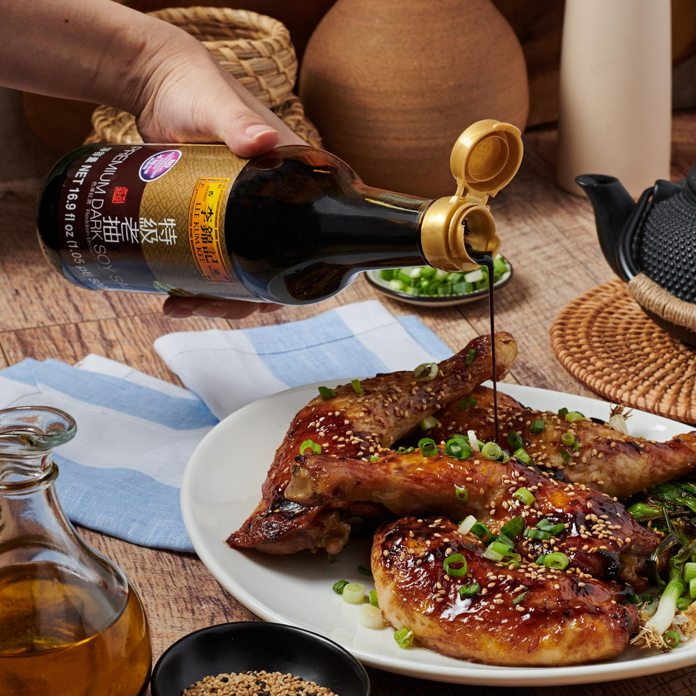 Bottle close-up of Lee Kum Kee Premium Dark Soy Sauce ready for use